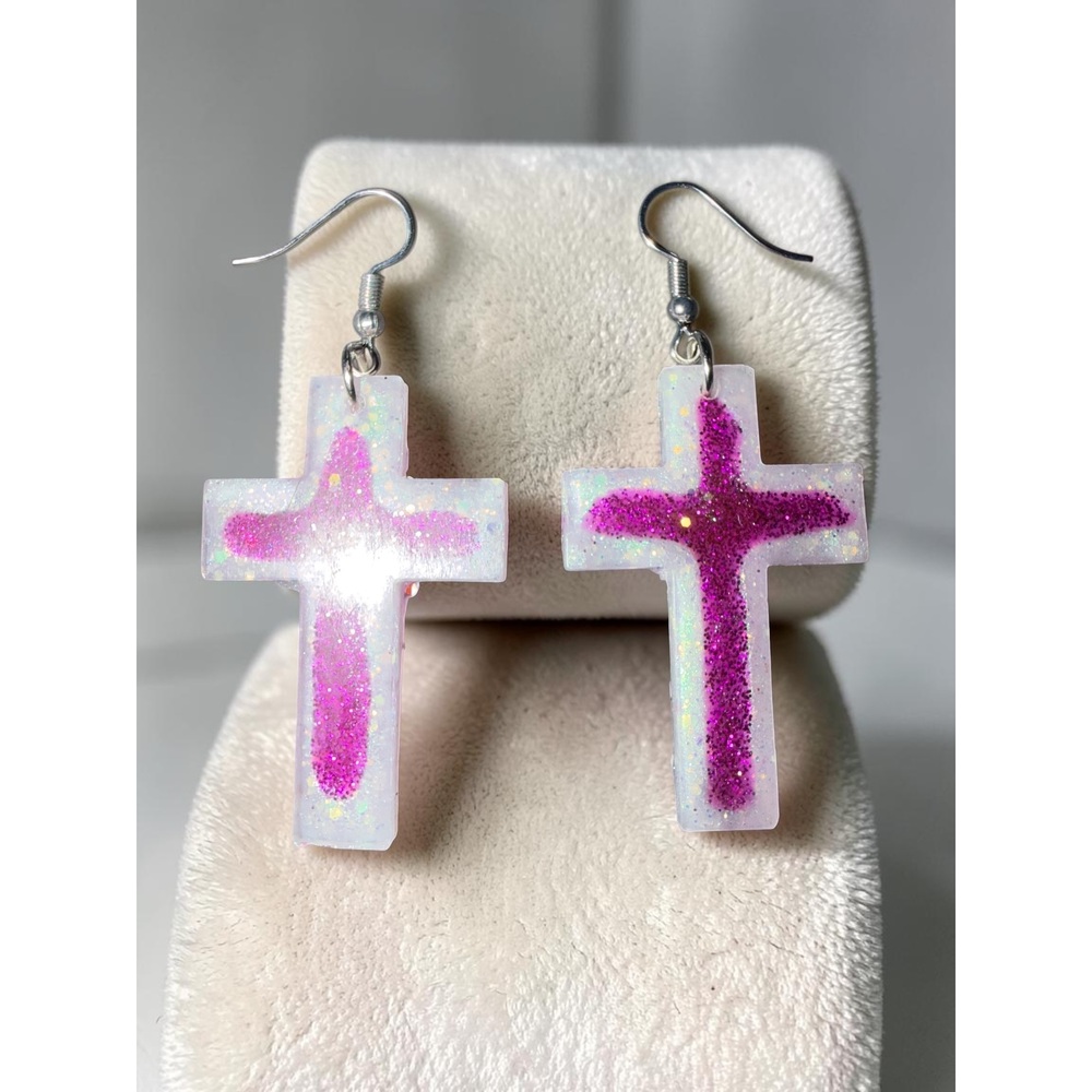 Handmade Pink Ombre Cross Earrings - Picture 2 of 9